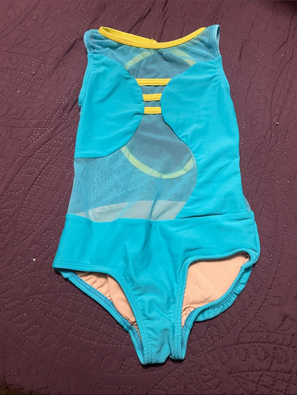 Turquoise and Yellow Mesh One-Piece Leotard